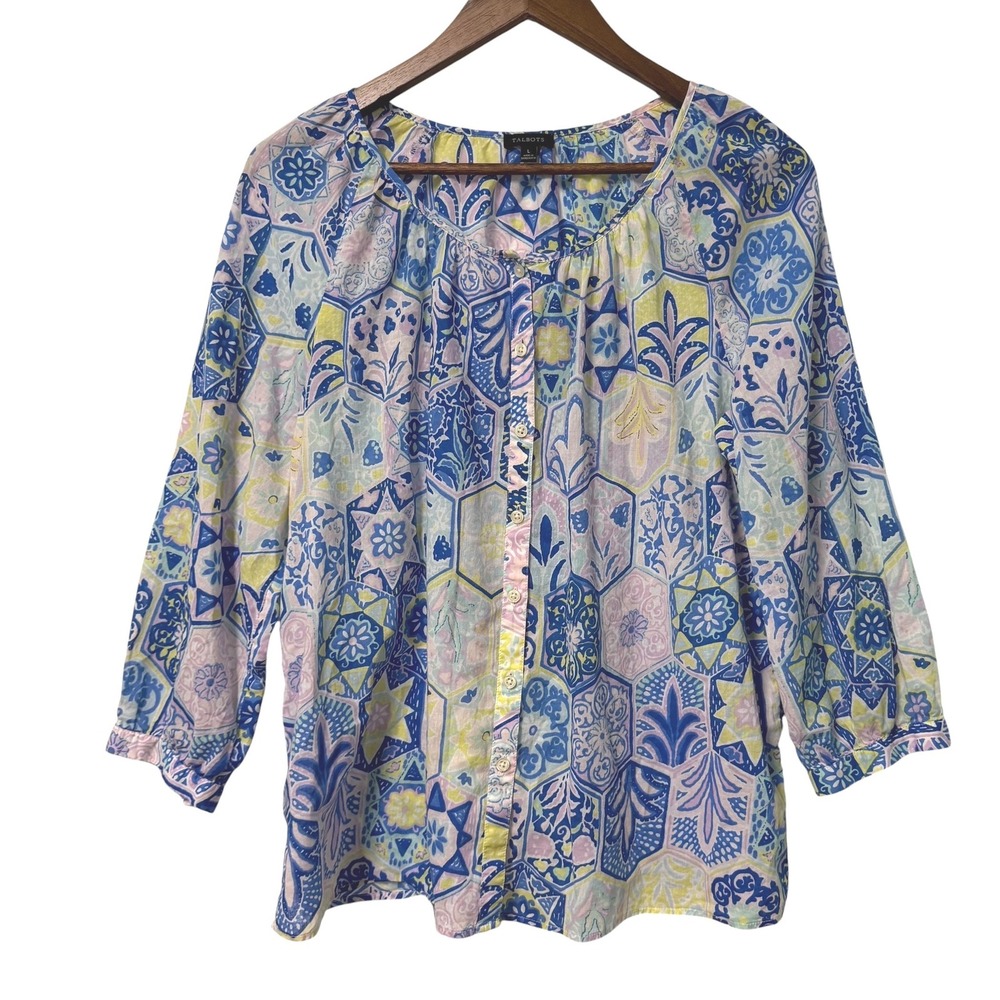 Talbots Tunic Top Womens L Button Front Prairie Peasant Cottagecore Boho Femini